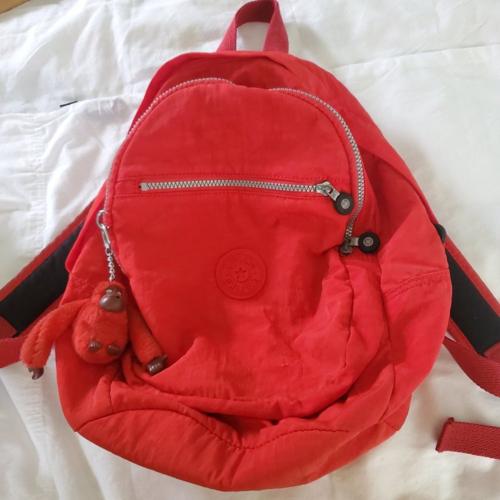 Kipling Red Nylon Backpack 14H x 11W x 7D Vintage Monkey Keychain Zip Pockets